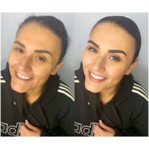 Before and after photos of a woman's eyebrows.